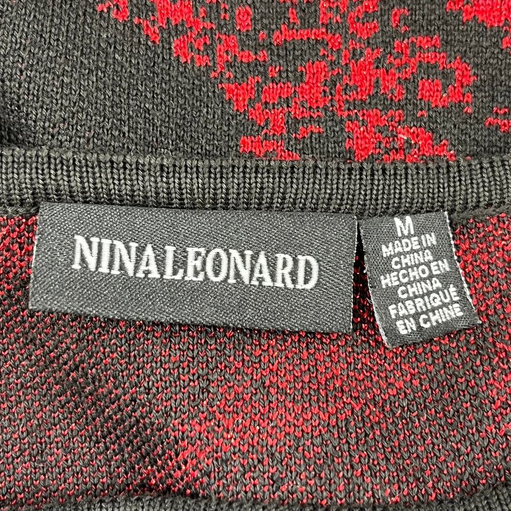 Nina Leonard Black Red Metallic Jacquard Sheath Dress M 3/4 Sleeve Holiday Party - Picture 3 of 8